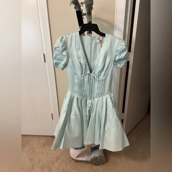 HOUSE OF CB 'IMANI' Delicate Blue Satin Pleated Mini Dress HOUSE OF CB 'IMANI' Delicate Blue Satin Pleated Mini Dress